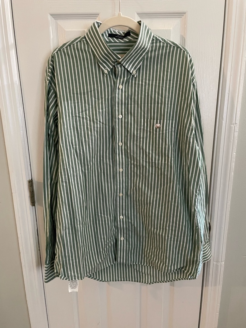Cotton Brothers Green and White Striped Long-Sleeve Button-Down Shirt Size Large